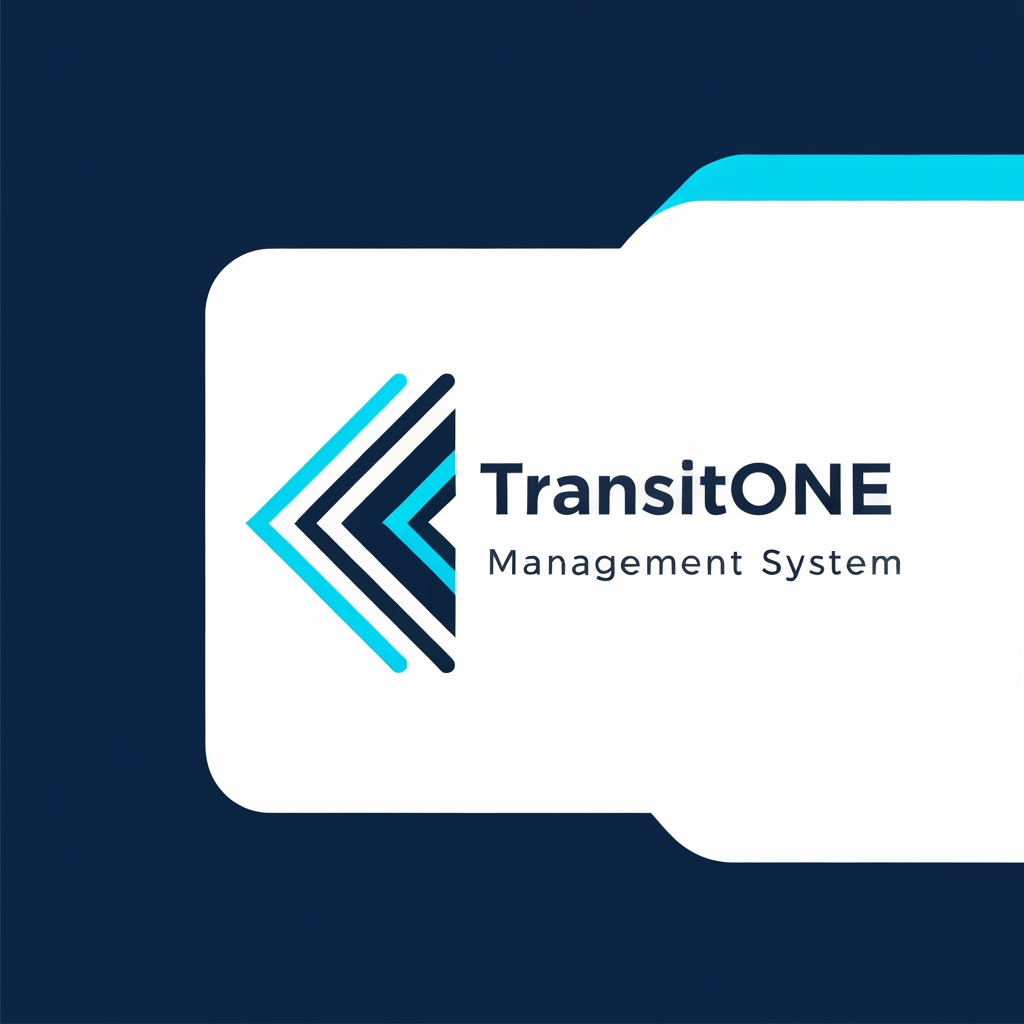 AI Design for A professional and modern logo for a transport management system named TransitOne. The design features sleek, minimalist geometric lines representing movement, global connectivity, and logistics, set against a clean, corporate color palette of navy blue and electric cyan. High-contrast, vector-style composition with a focus on negative space and sophisticated typography.