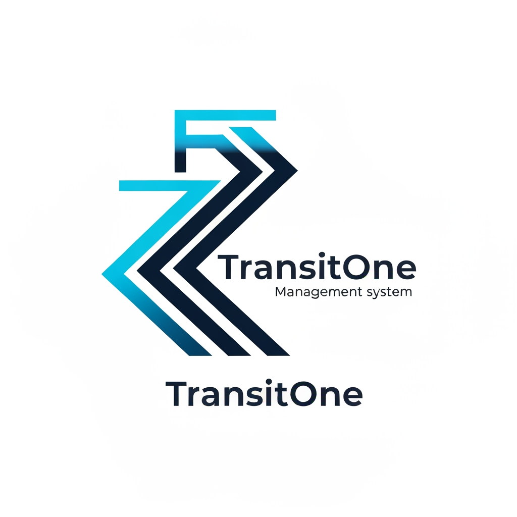 AI Design for A professional and modern logo for a transport management system named TransitOne. The design features sleek, minimalist geometric lines representing movement, global connectivity, and logistics, set against a clean, corporate color palette of navy blue and electric cyan. High-contrast, vector-style composition with a focus on negative space and sophisticated typography.