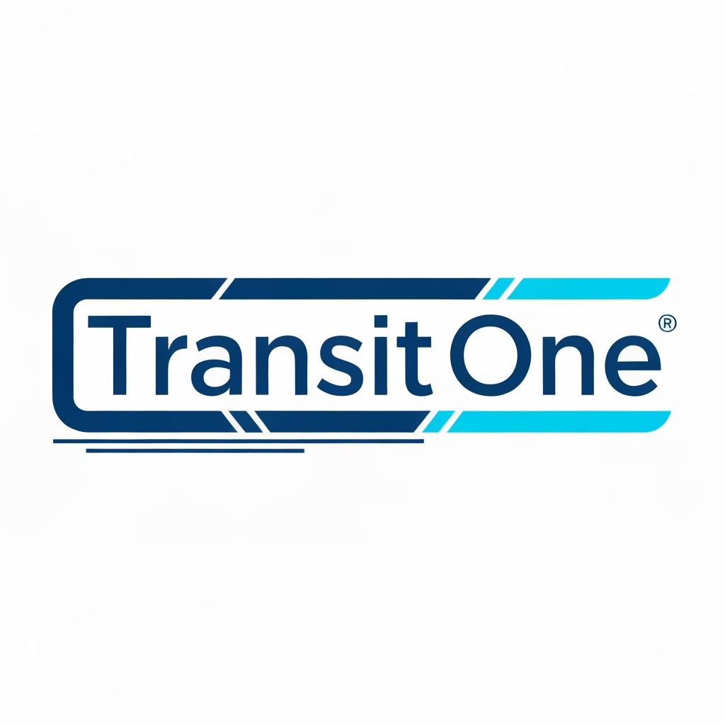 AI Design for A professional and modern logo for a transport management system named TransitOne. The design features sleek, minimalist geometric lines representing movement, global connectivity, and logistics, set against a clean, corporate color palette of navy blue and electric cyan. High-contrast, vector-style composition with a focus on negative space and sophisticated typography.