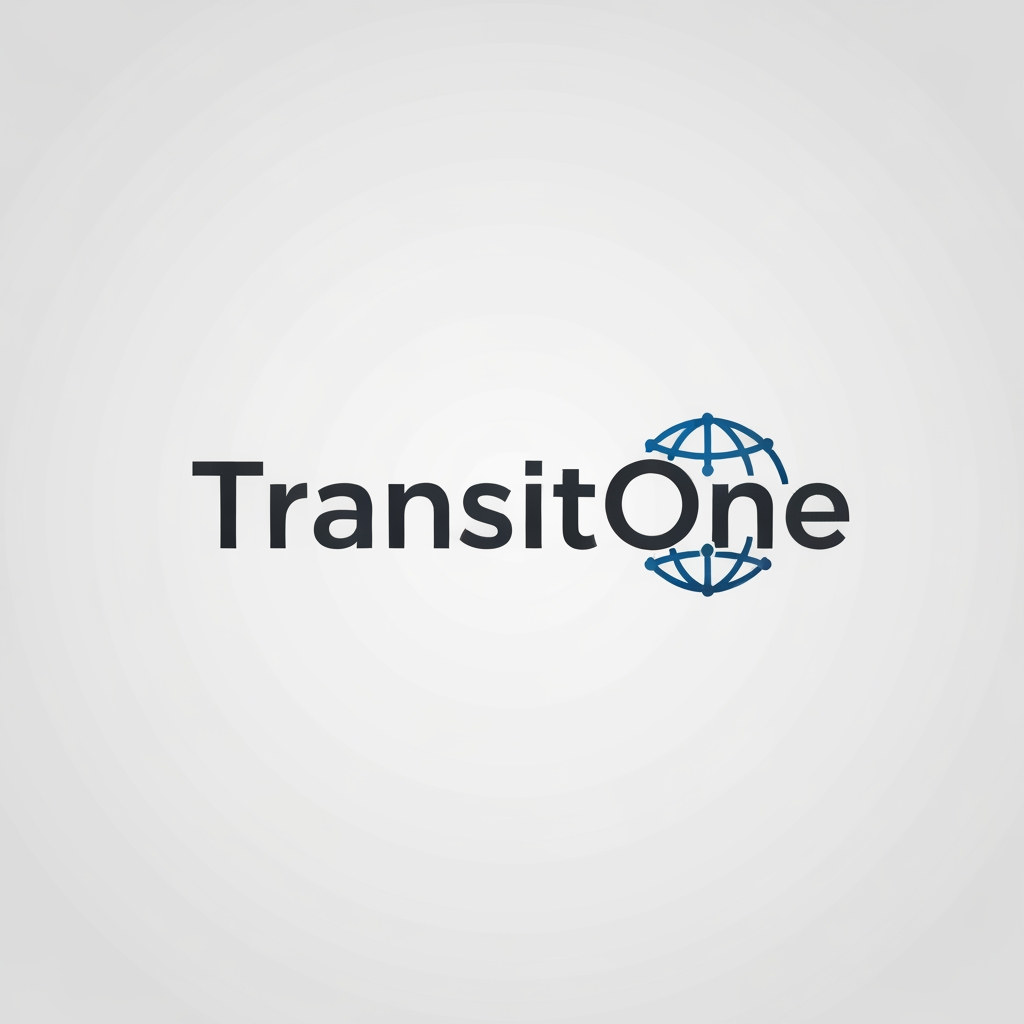 AI Design for A professional and modern logo for a transport management system named TransitOne. The design features sleek, minimalist geometric lines representing movement, global connectivity, and logistics, set against a clean, corporate color palette of navy blue and electric cyan. High-contrast, vector-style composition with a focus on negative space and sophisticated typography.