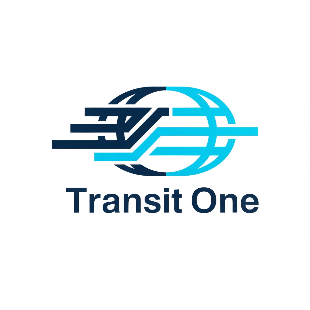 AI Design for A professional and modern logo for a transport management system named TransitOne. The design features sleek, minimalist geometric lines representing movement, global connectivity, and logistics, set against a clean, corporate color palette of navy blue and electric cyan. High-contrast, vector-style composition with a focus on negative space and sophisticated typography.