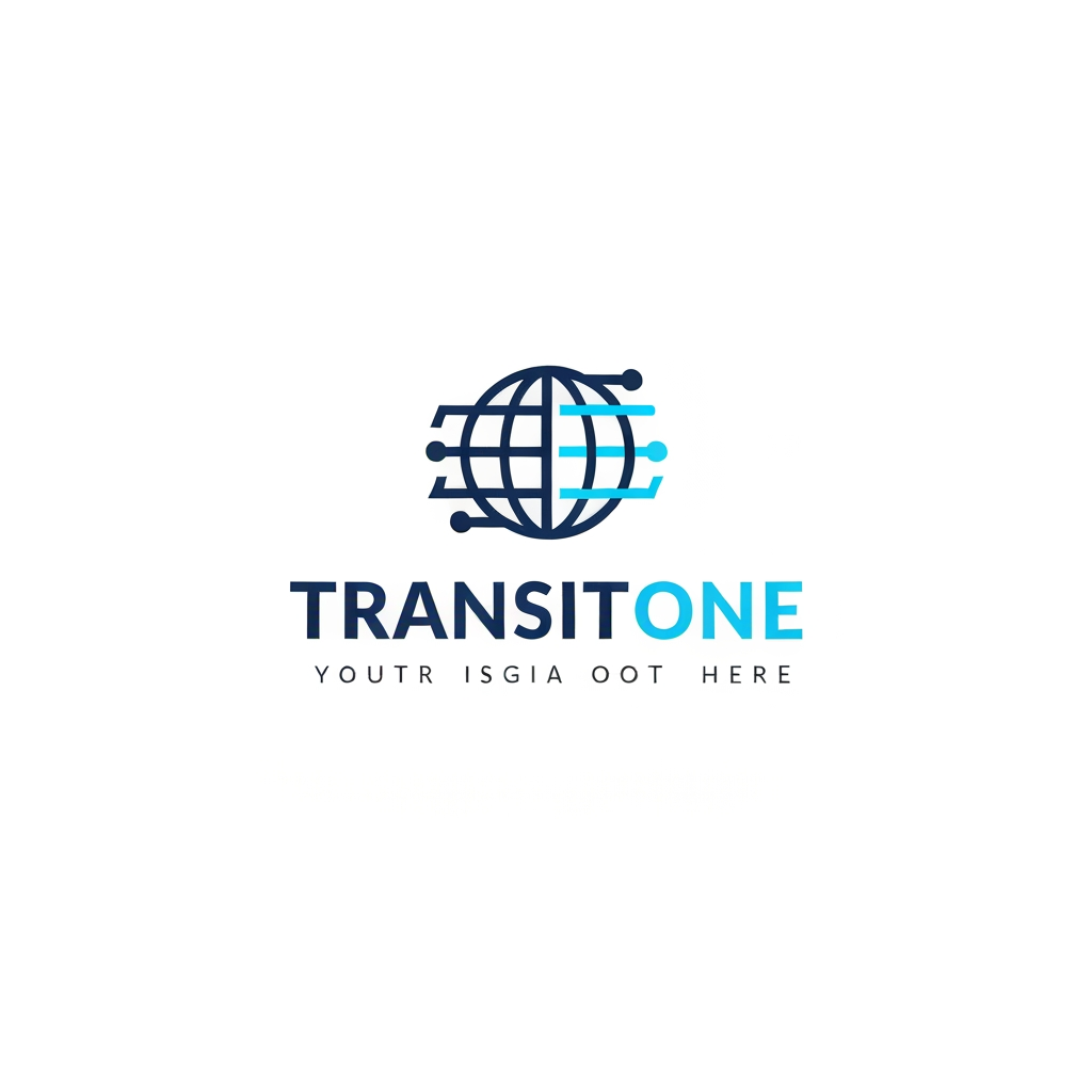 AI Design for A professional and modern logo for a transport management system named TransitOne. The design features sleek, minimalist geometric lines representing movement, global connectivity, and logistics, set against a clean, corporate color palette of navy blue and electric cyan. High-contrast, vector-style composition with a focus on negative space and sophisticated typography.