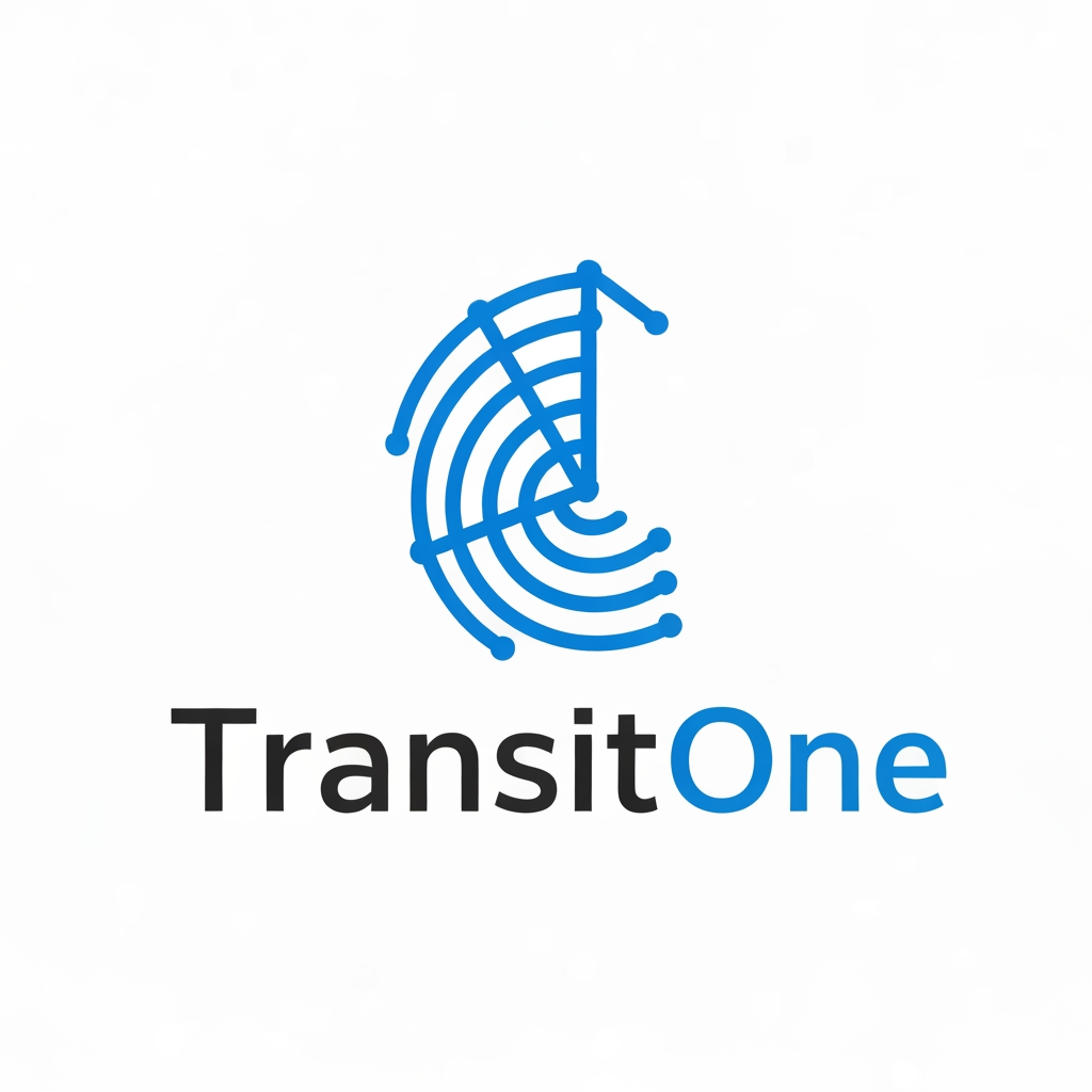 AI Design for A professional and modern logo for a transport management system named TransitOne. The design features sleek, minimalist geometric lines representing movement, global connectivity, and logistics, set against a clean, corporate color palette of navy blue and electric cyan. High-contrast, vector-style composition with a focus on negative space and sophisticated typography. i want like vehicle type of logo