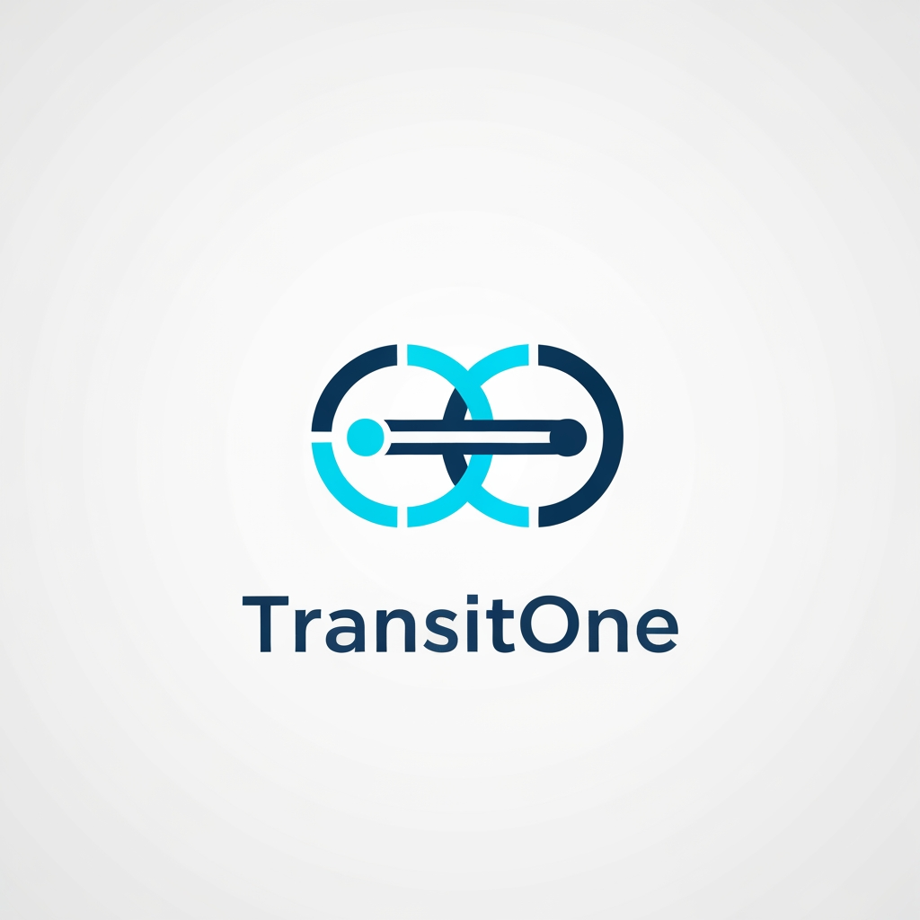 AI Design for A professional and modern logo for a transport management system named TransitOne. The design features sleek, minimalist geometric lines representing movement, global connectivity, and logistics, set against a clean, corporate color palette of navy blue and electric cyan. High-contrast, vector-style composition with a focus on negative space and sophisticated typography. i want like vehicle type of logo