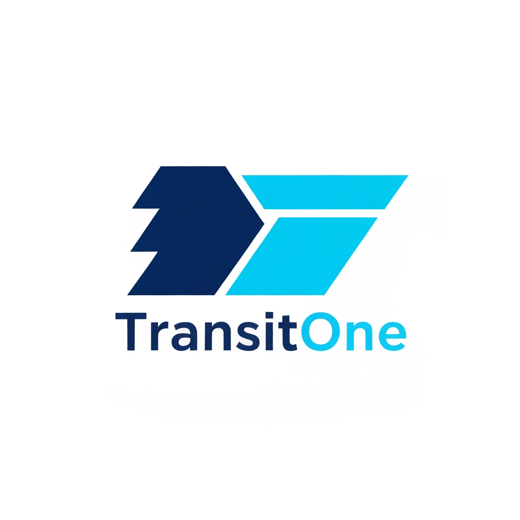 AI Design for A professional and modern logo for a transport management system named TransitOne. The design features sleek, minimalist geometric lines representing movement, global connectivity, and logistics, set against a clean, corporate color palette of navy blue and electric cyan. High-contrast, vector-style composition with a focus on negative space and sophisticated typography.