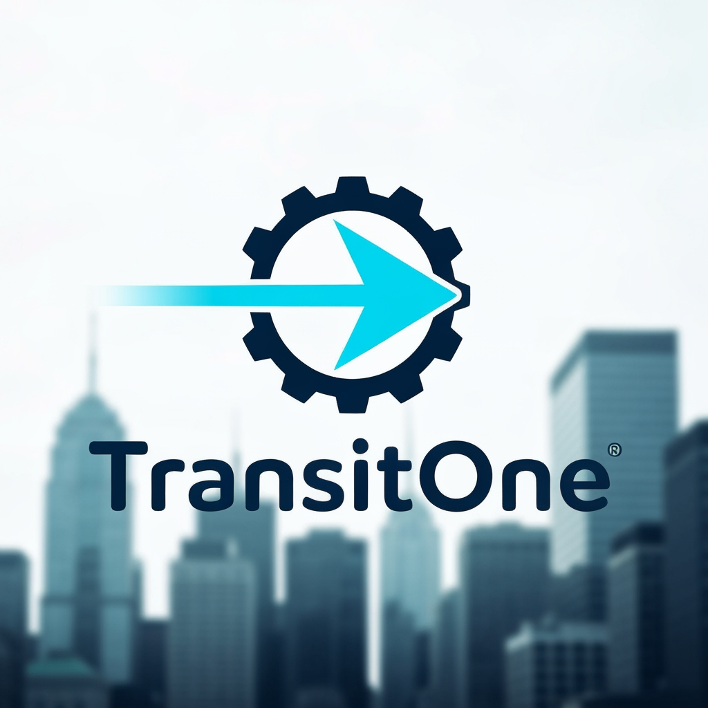 AI Design for A professional and modern logo for a transport management system named TransitOne. The design features sleek, minimalist geometric lines representing movement, global connectivity, and logistics, set against a clean, corporate color palette of navy blue and electric cyan. High-contrast, vector-style composition with a focus on negative space and sophisticated typography. i want like vehicle type of logo