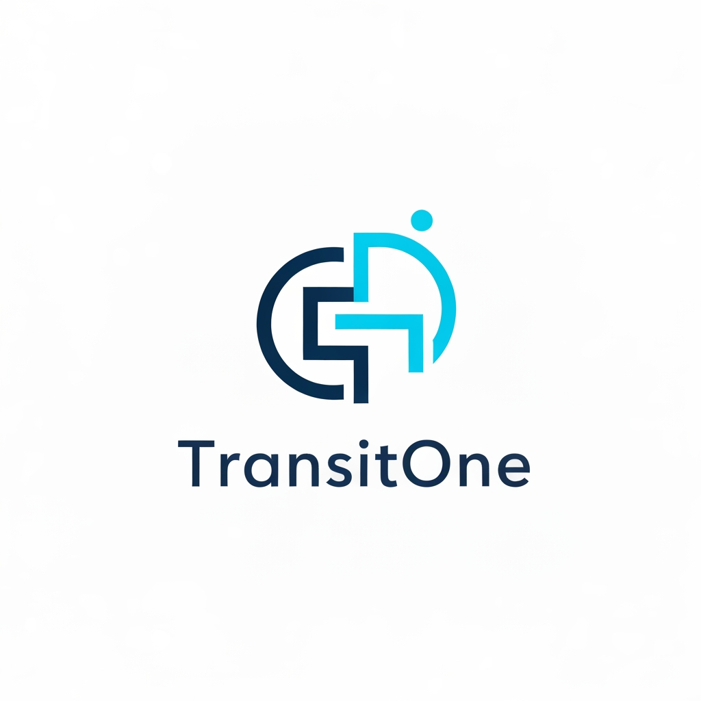 AI Design for A professional and modern logo for a transport management system named TransitOne. The design features sleek, minimalist geometric lines representing movement, global connectivity, and logistics, set against a clean, corporate color palette of navy blue and electric cyan. High-contrast, vector-style composition with a focus on negative space and sophisticated typography.