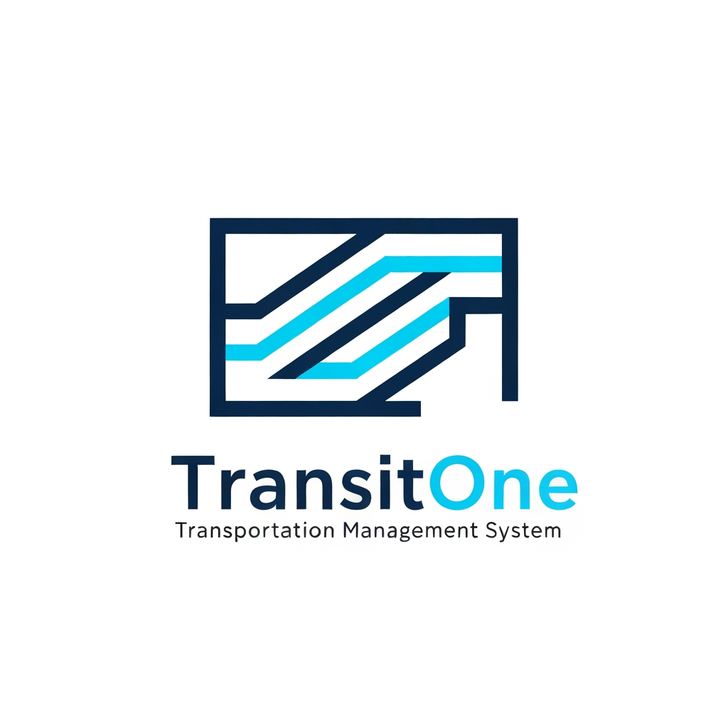 AI Design for A professional and modern logo for a transport management system named TransitOne. The design features sleek, minimalist geometric lines representing movement, global connectivity, and logistics, set against a clean, corporate color palette of navy blue and electric cyan. High-contrast, vector-style composition with a focus on negative space and sophisticated typography.