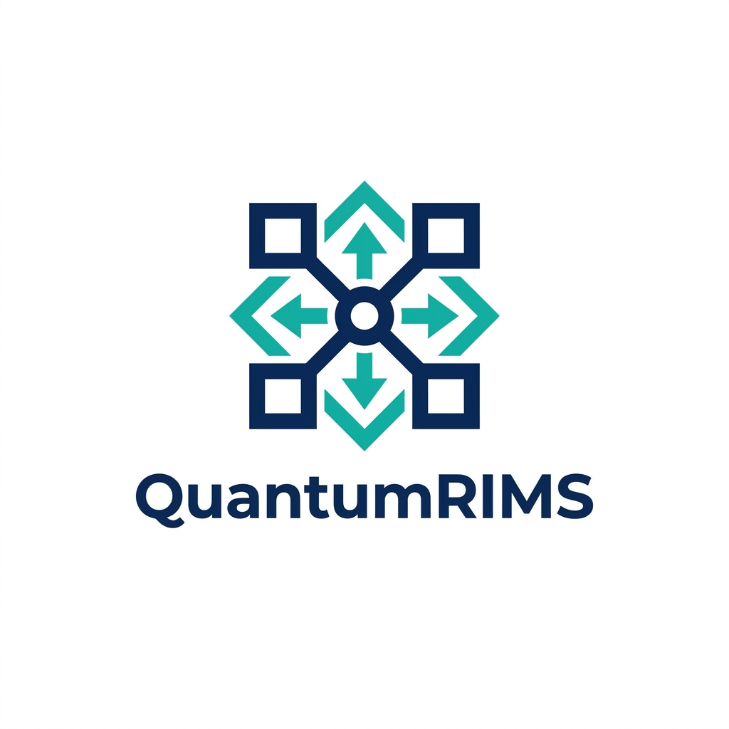 AI Design for A professional, minimalist logo design for a research information management system, featuring clean geometric shapes that symbolize data connectivity, organization, and analytical precision. The aesthetic should be modern and sophisticated, utilizing a professional color palette of deep navy blue and vibrant teal on a crisp white background, with a focus on vector-style clarity and balanced negative space. named as QuantumRIMS