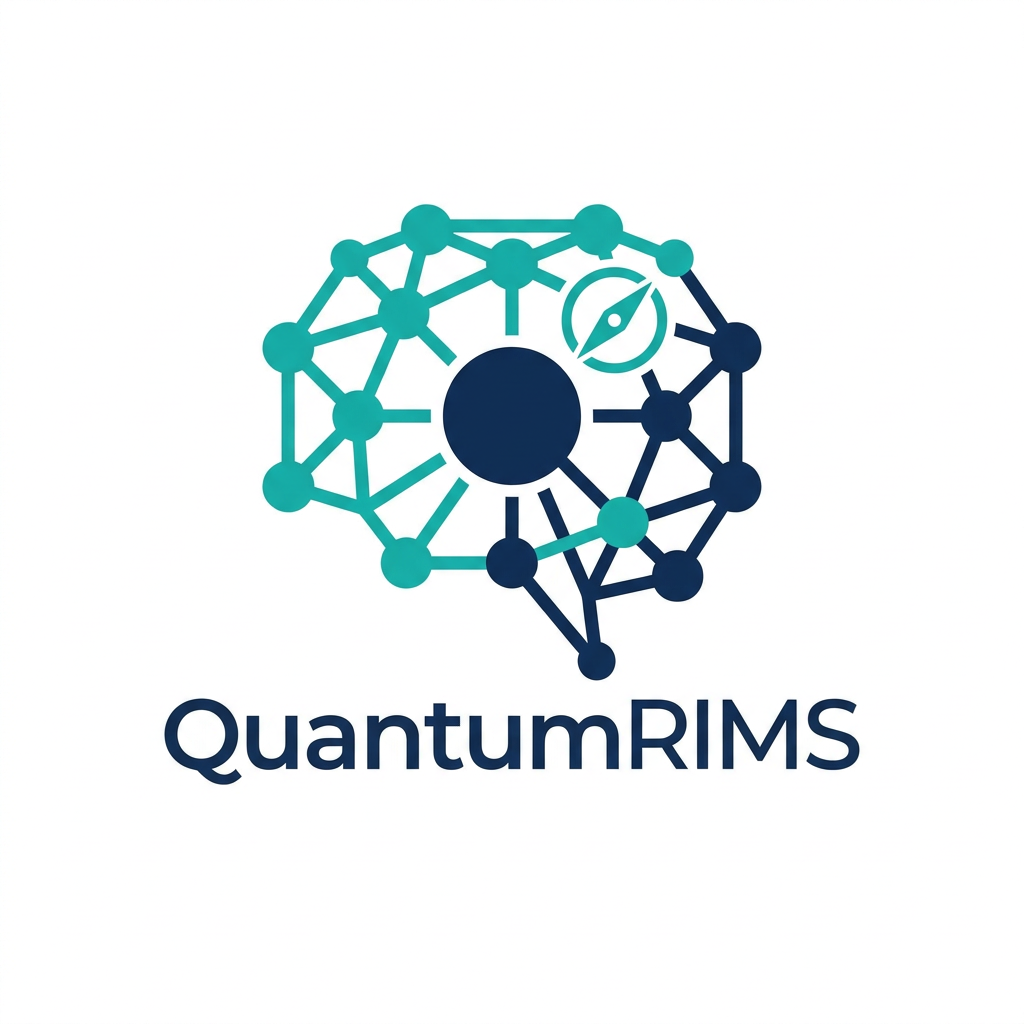AI Design for A professional, minimalist logo design for a research information management system, featuring clean geometric shapes that symbolize data connectivity, organization, and analytical precision. The aesthetic should be modern and sophisticated, utilizing a professional color palette of deep navy blue and vibrant teal on a crisp white background, with a focus on vector-style clarity and balanced negative space. named as QuantumRIMS