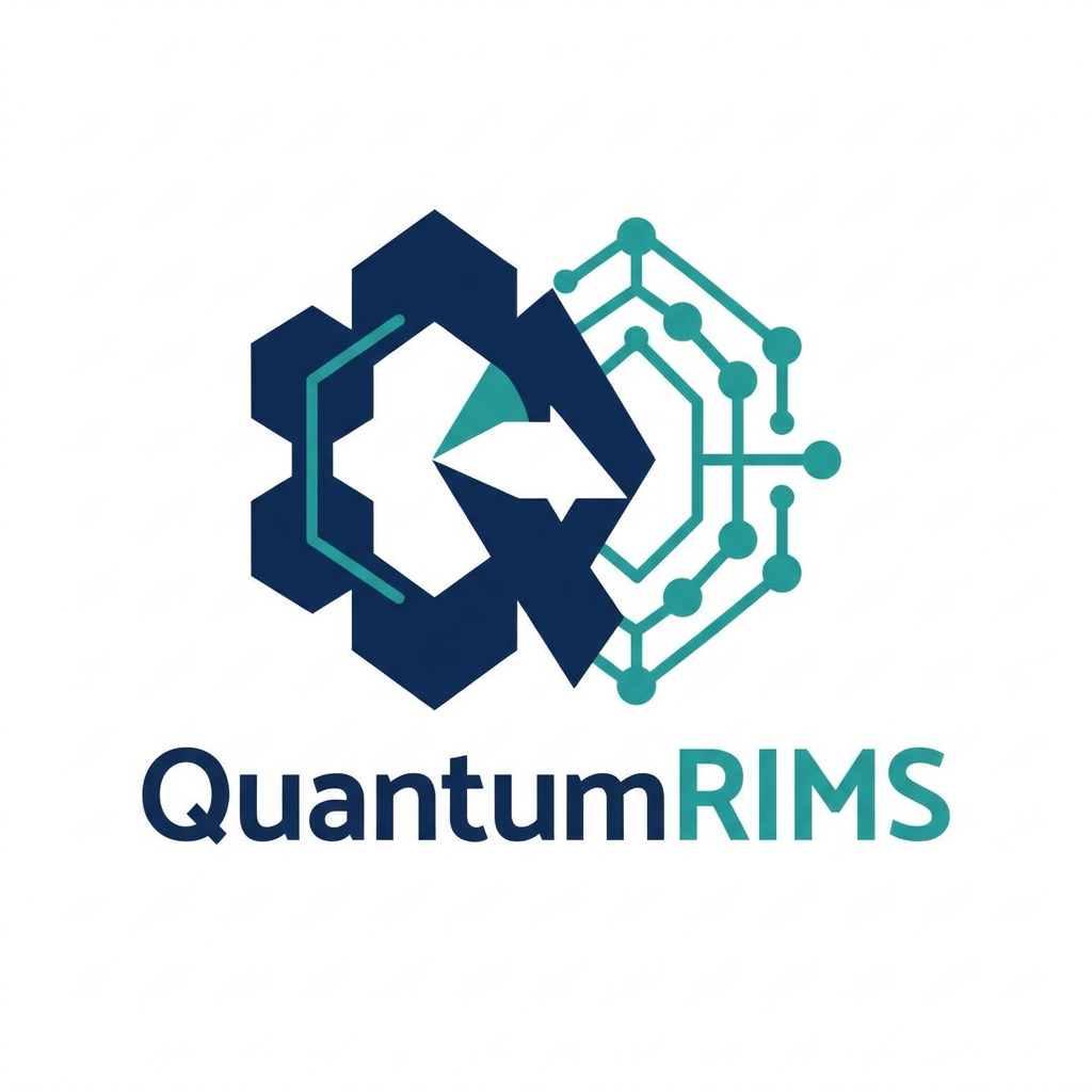 AI Design for A professional, minimalist logo design for a research information management system, featuring clean geometric shapes that symbolize data connectivity, organization, and analytical precision. The aesthetic should be modern and sophisticated, utilizing a professional color palette of deep navy blue and vibrant teal on a crisp white background, with a focus on vector-style clarity and balanced negative space. named as QuantumRIMS
