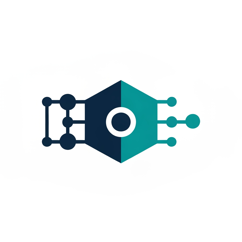 AI Design for A professional, minimalist logo design for a research information management system, featuring clean geometric shapes that symbolize data connectivity, organization, and analytical precision. The aesthetic should be modern and sophisticated, utilizing a professional color palette of deep navy blue and vibrant teal on a crisp white background, with a focus on vector-style clarity and balanced negative space.