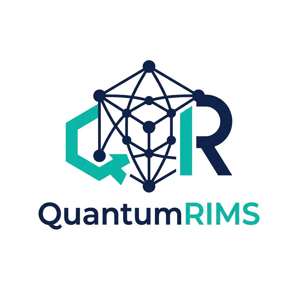 AI Design for A professional, minimalist logo design for a research information management system, featuring clean geometric shapes that symbolize data connectivity, organization, and analytical precision. The aesthetic should be modern and sophisticated, utilizing a professional color palette of deep navy blue and vibrant teal on a crisp white background, with a focus on vector-style clarity and balanced negative space. named as QuantumRIMS