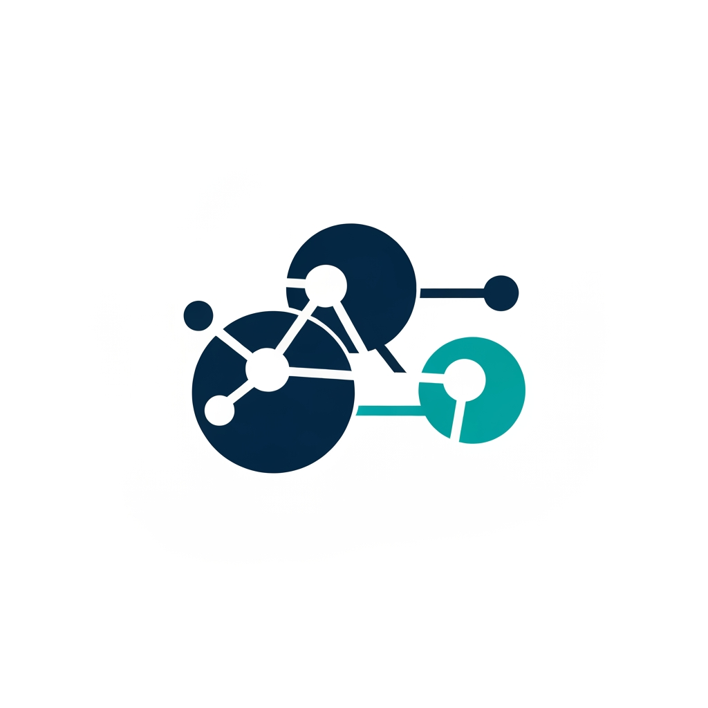 AI Design for A professional, minimalist logo design for a research information management system, featuring clean geometric shapes that symbolize data connectivity, organization, and analytical precision. The aesthetic should be modern and sophisticated, utilizing a professional color palette of deep navy blue and vibrant teal on a crisp white background, with a focus on vector-style clarity and balanced negative space.