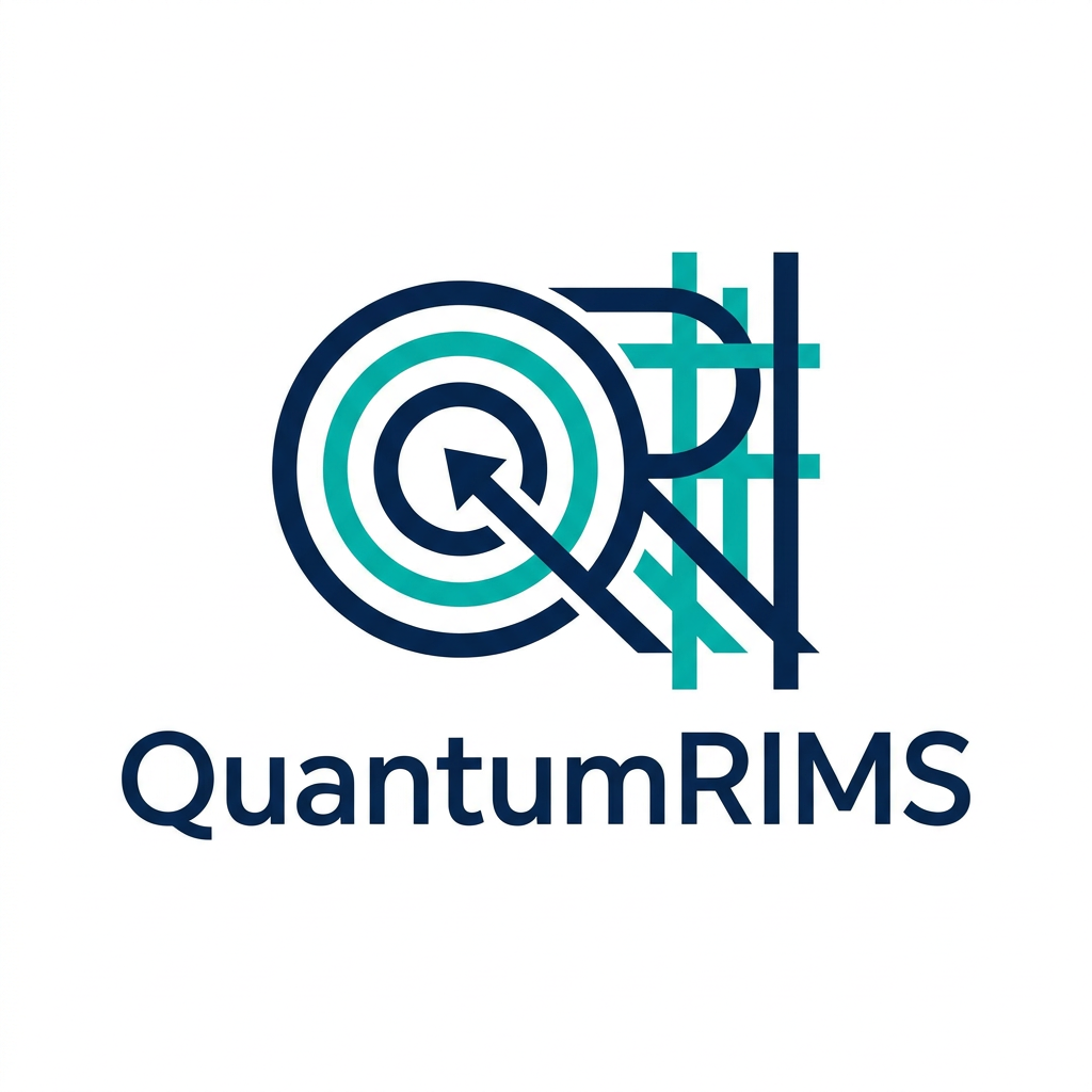 AI Design for A professional, minimalist logo design for a research information management system, featuring clean geometric shapes that symbolize data connectivity, organization, and analytical precision. The aesthetic should be modern and sophisticated, utilizing a professional color palette of deep navy blue and vibrant teal on a crisp white background, with a focus on vector-style clarity and balanced negative space. named as QuantumRIMS
