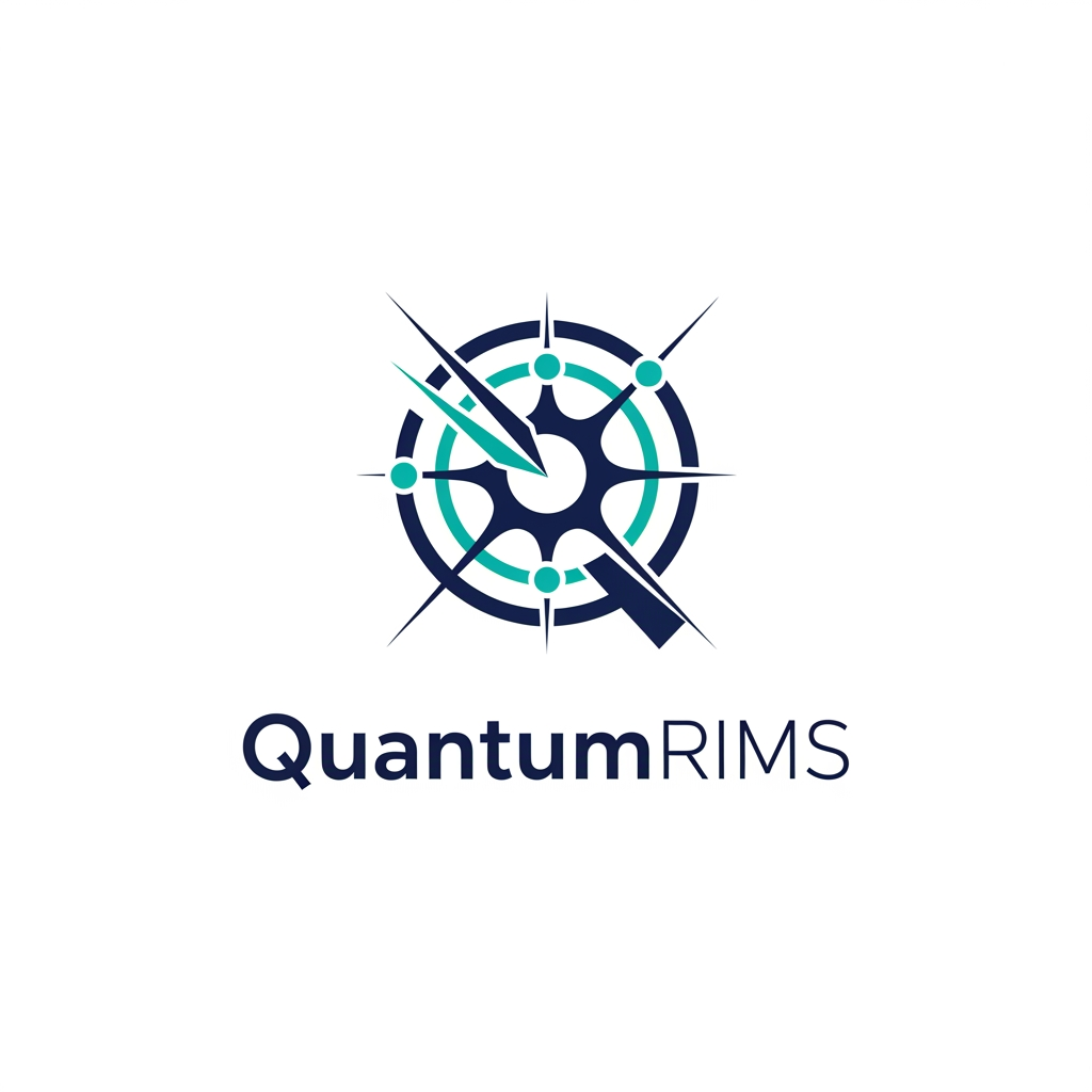 AI Design for A professional, minimalist logo design for a research information management system, featuring clean geometric shapes that symbolize data connectivity, organization, and analytical precision. The aesthetic should be modern and sophisticated, utilizing a professional color palette of deep navy blue and vibrant teal on a crisp white background, with a focus on vector-style clarity and balanced negative space. named as QuantumRIMS