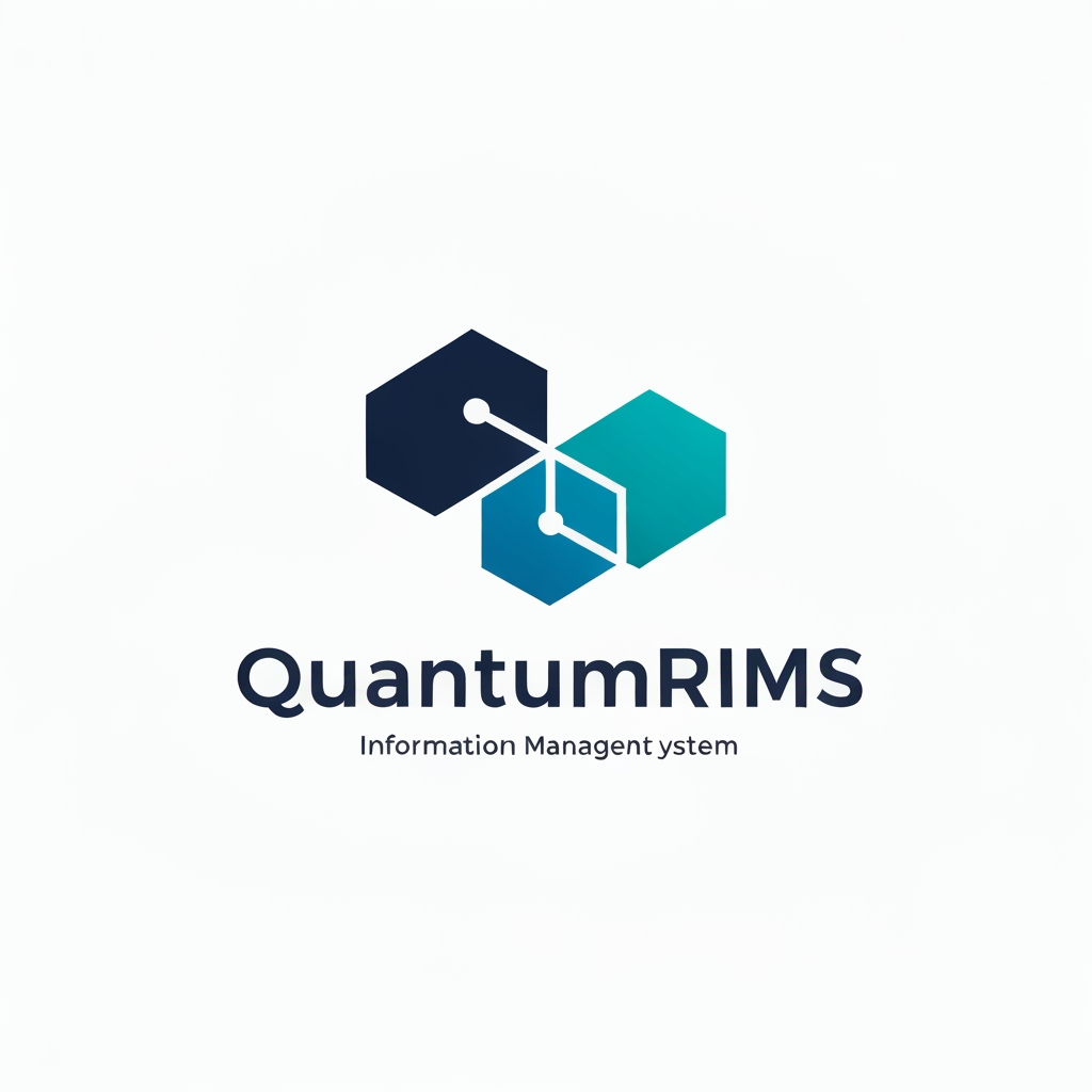 AI Design for A professional, minimalist logo design for a research information management system, featuring clean geometric shapes that symbolize data connectivity, organization, and analytical precision. The aesthetic should be modern and sophisticated, utilizing a professional color palette of deep navy blue and vibrant teal on a crisp white background, with a focus on vector-style clarity and balanced negative space. named as QuantumRIMS