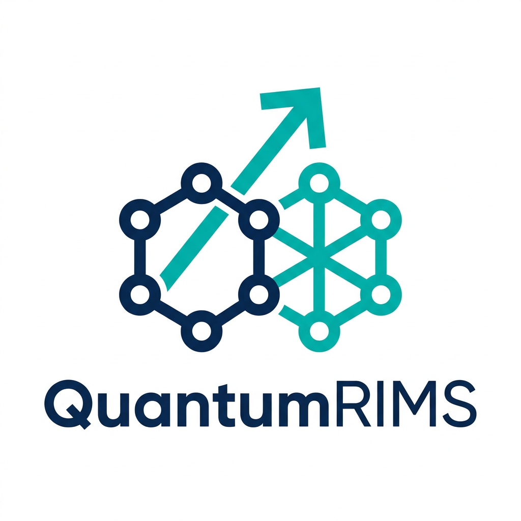 AI Design for A professional, minimalist logo design for a research information management system, featuring clean geometric shapes that symbolize data connectivity, organization, and analytical precision. The aesthetic should be modern and sophisticated, utilizing a professional color palette of deep navy blue and vibrant teal on a crisp white background, with a focus on vector-style clarity and balanced negative space. named as QuantumRIMS
