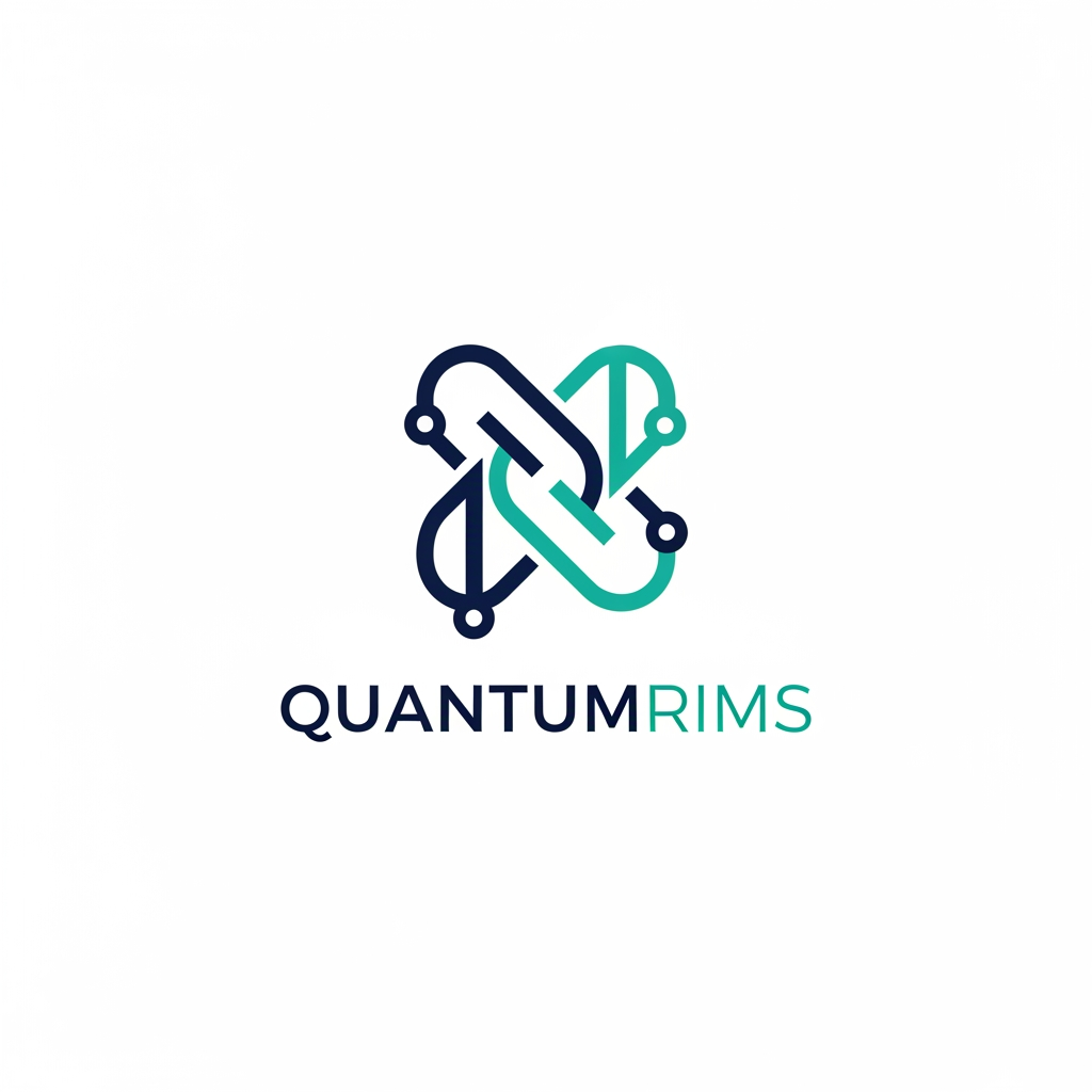 AI Design for A professional, minimalist logo design for a research information management system, featuring clean geometric shapes that symbolize data connectivity, organization, and analytical precision. The aesthetic should be modern and sophisticated, utilizing a professional color palette of deep navy blue and vibrant teal on a crisp white background, with a focus on vector-style clarity and balanced negative space. named as QuantumRIMS