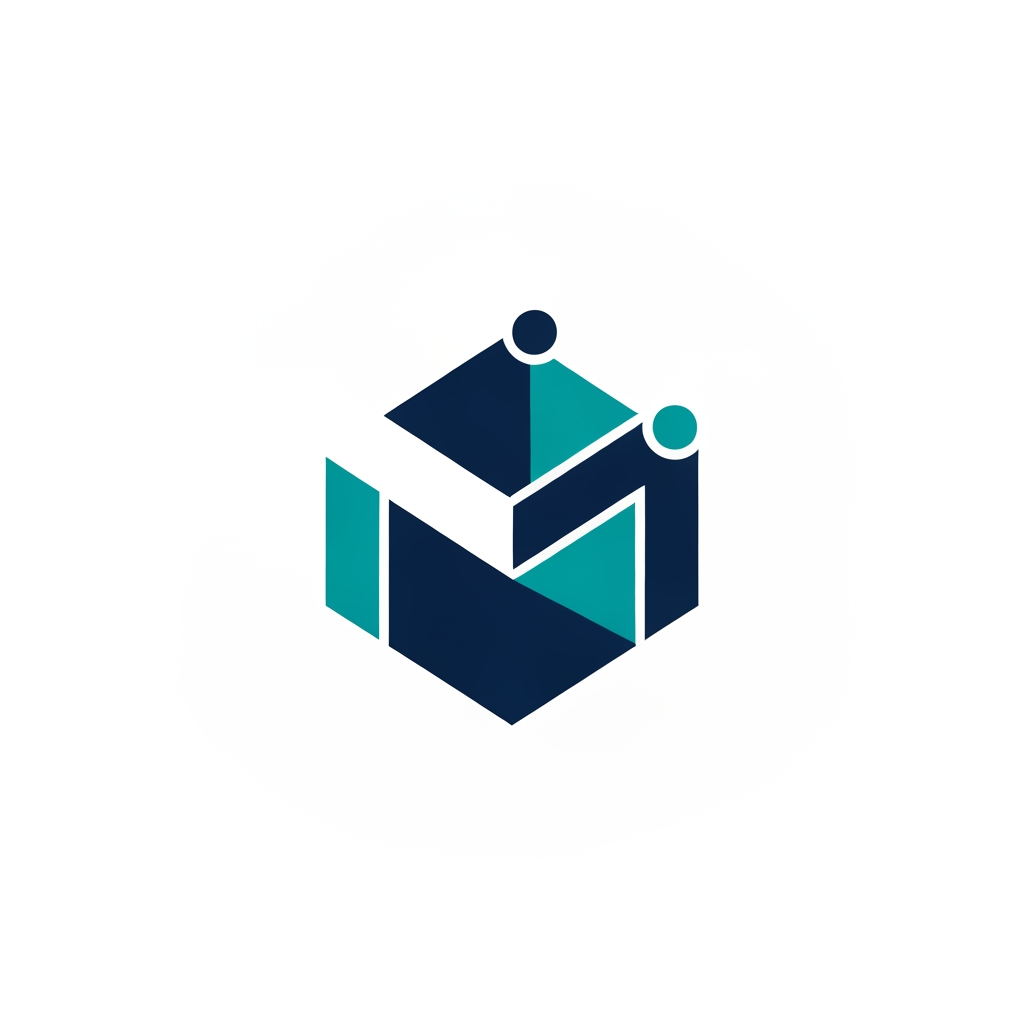AI Design for A professional, minimalist logo design for a research information management system, featuring clean geometric shapes that symbolize data connectivity, organization, and analytical precision. The aesthetic should be modern and sophisticated, utilizing a professional color palette of deep navy blue and vibrant teal on a crisp white background, with a focus on vector-style clarity and balanced negative space.