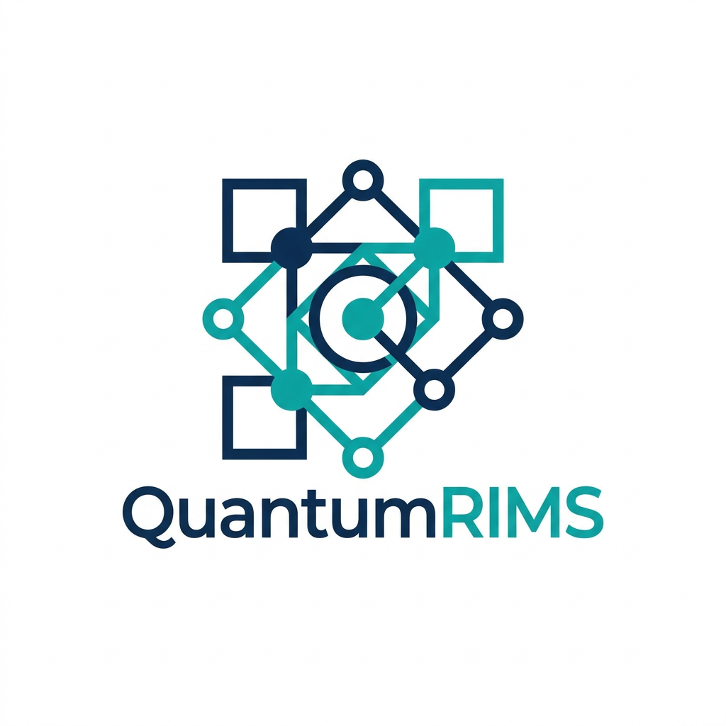 AI Design for A professional, minimalist logo design for a research information management system, featuring clean geometric shapes that symbolize data connectivity, organization, and analytical precision. The aesthetic should be modern and sophisticated, utilizing a professional color palette of deep navy blue and vibrant teal on a crisp white background, with a focus on vector-style clarity and balanced negative space. named as QuantumRIMS