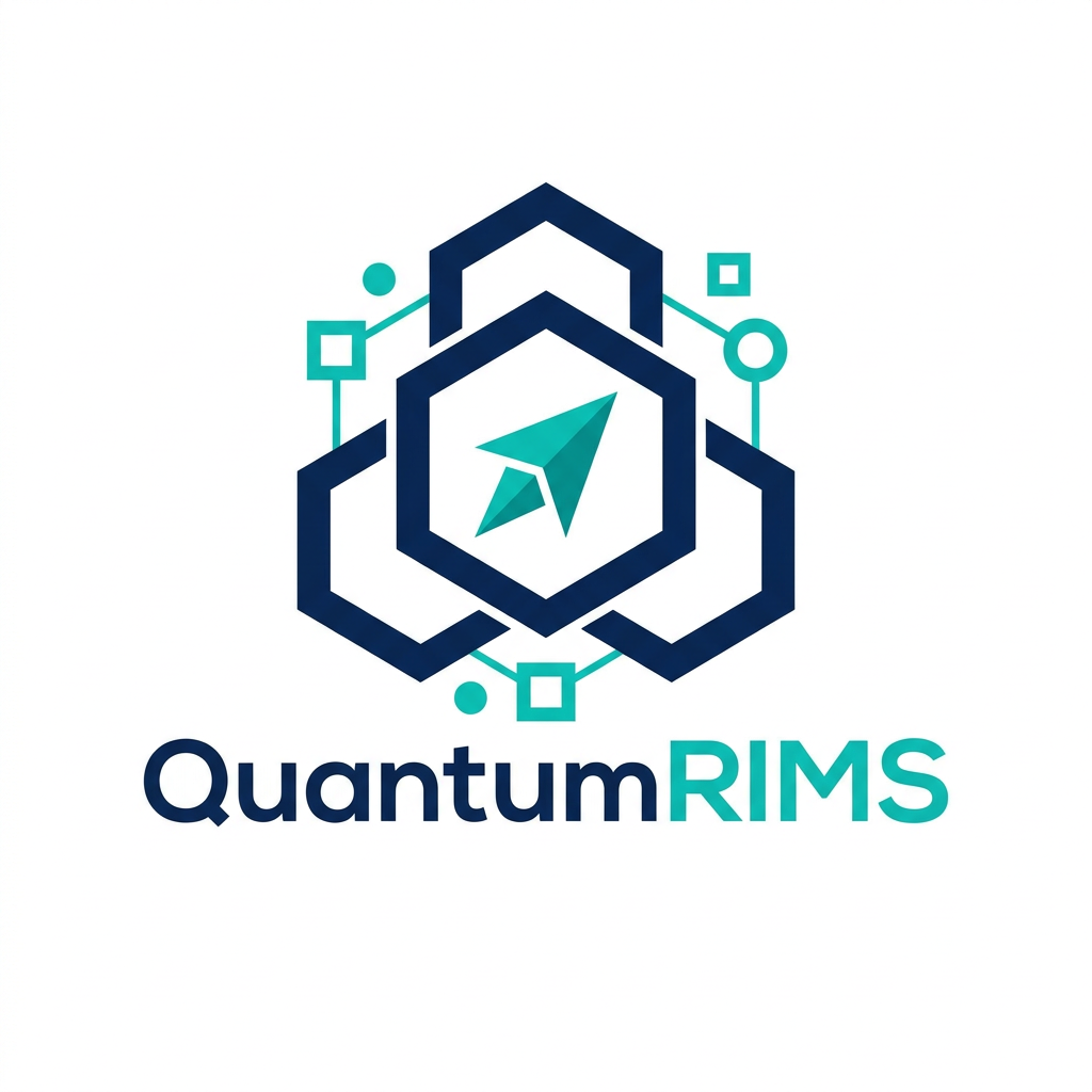 AI Design for A professional, minimalist logo design for a research information management system, featuring clean geometric shapes that symbolize data connectivity, organization, and analytical precision. The aesthetic should be modern and sophisticated, utilizing a professional color palette of deep navy blue and vibrant teal on a crisp white background, with a focus on vector-style clarity and balanced negative space. named as QuantumRIMS