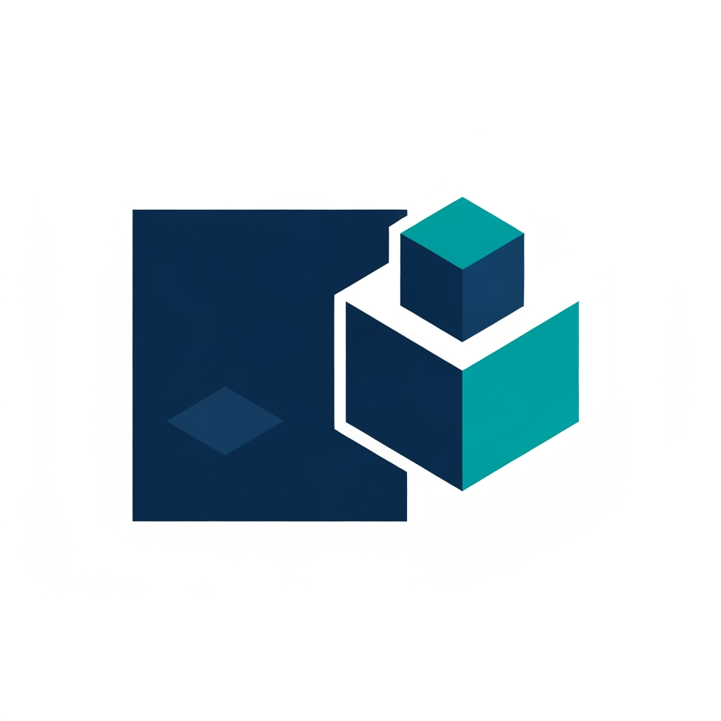 AI Design for A professional, minimalist logo design for a research information management system, featuring clean geometric shapes that symbolize data connectivity, organization, and analytical precision. The aesthetic should be modern and sophisticated, utilizing a professional color palette of deep navy blue and vibrant teal on a crisp white background, with a focus on vector-style clarity and balanced negative space.