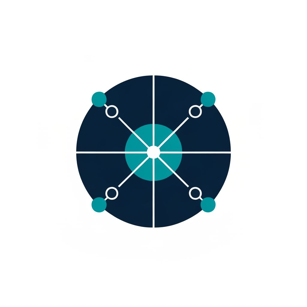 AI Design for A professional, minimalist logo design for a research information management system, featuring clean geometric shapes that symbolize data connectivity, organization, and analytical precision. The aesthetic should be modern and sophisticated, utilizing a professional color palette of deep navy blue and vibrant teal on a crisp white background, with a focus on vector-style clarity and balanced negative space.