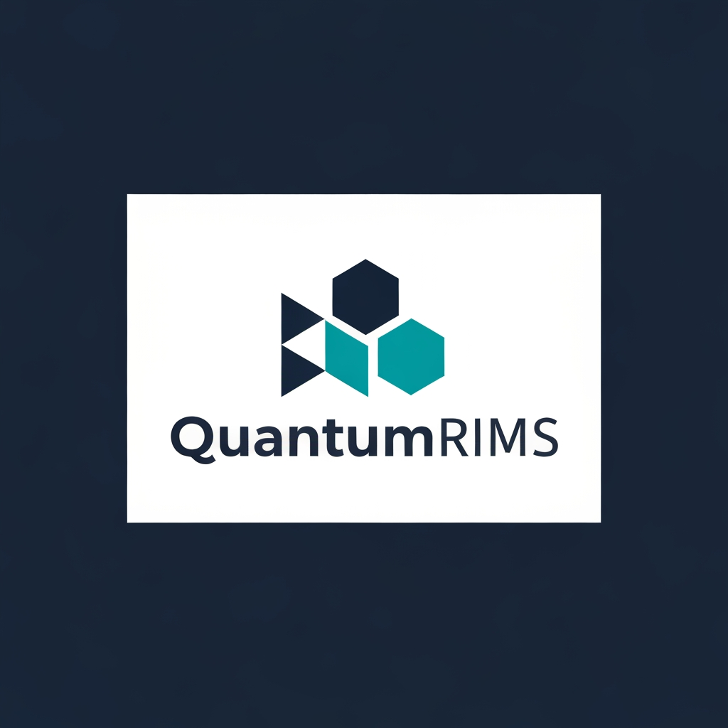 AI Design for A professional, minimalist logo design for a research information management system, featuring clean geometric shapes that symbolize data connectivity, organization, and analytical precision. The aesthetic should be modern and sophisticated, utilizing a professional color palette of deep navy blue and vibrant teal on a crisp white background, with a focus on vector-style clarity and balanced negative space. named as QuantumRIMS