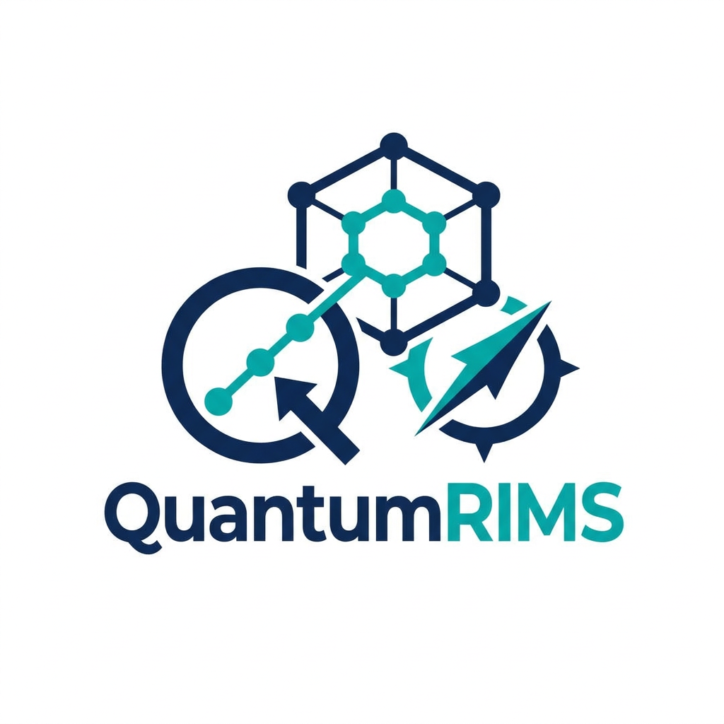 AI Design for A professional, minimalist logo design for a research information management system, featuring clean geometric shapes that symbolize data connectivity, organization, and analytical precision. The aesthetic should be modern and sophisticated, utilizing a professional color palette of deep navy blue and vibrant teal on a crisp white background, with a focus on vector-style clarity and balanced negative space. named as QuantumRIMS