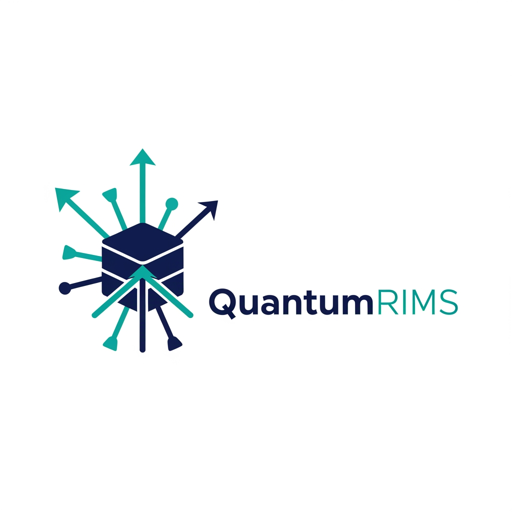 AI Design for A professional, minimalist logo design for a research information management system, featuring clean geometric shapes that symbolize data connectivity, organization, and analytical precision. The aesthetic should be modern and sophisticated, utilizing a professional color palette of deep navy blue and vibrant teal on a crisp white background, with a focus on vector-style clarity and balanced negative space. named as QuantumRIMS