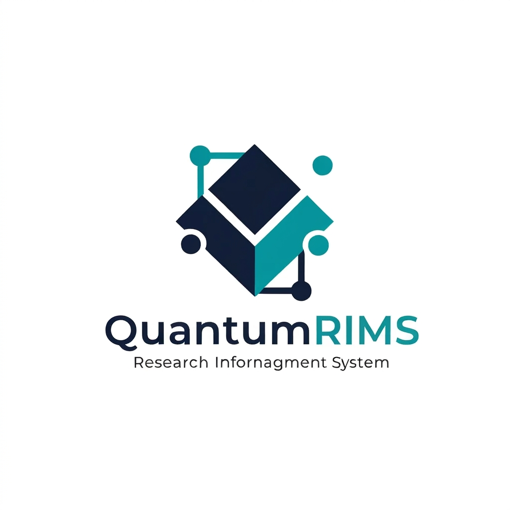 AI Design for A professional, minimalist logo design for a research information management system, featuring clean geometric shapes that symbolize data connectivity, organization, and analytical precision. The aesthetic should be modern and sophisticated, utilizing a professional color palette of deep navy blue and vibrant teal on a crisp white background, with a focus on vector-style clarity and balanced negative space. named as QuantumRIMS