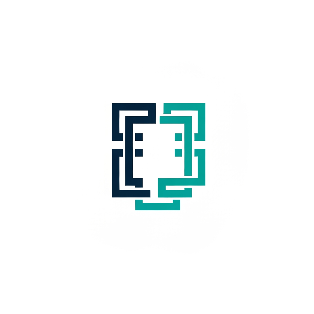 AI Design for A professional, minimalist logo design for a research information management system, featuring clean geometric shapes that symbolize data connectivity, organization, and analytical precision. The aesthetic should be modern and sophisticated, utilizing a professional color palette of deep navy blue and vibrant teal on a crisp white background, with a focus on vector-style clarity and balanced negative space.