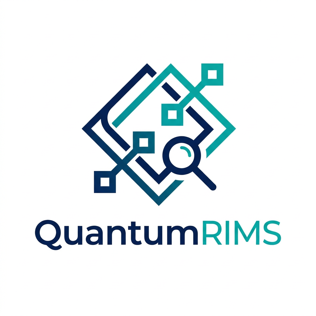 AI Design for A professional, minimalist logo design for a research information management system, featuring clean geometric shapes that symbolize data connectivity, organization, and analytical precision. The aesthetic should be modern and sophisticated, utilizing a professional color palette of deep navy blue and vibrant teal on a crisp white background, with a focus on vector-style clarity and balanced negative space. named as QuantumRIMS