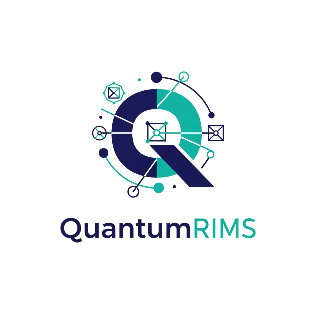 AI Design for A professional, minimalist logo design for a research information management system, featuring clean geometric shapes that symbolize data connectivity, organization, and analytical precision. The aesthetic should be modern and sophisticated, utilizing a professional color palette of deep navy blue and vibrant teal on a crisp white background, with a focus on vector-style clarity and balanced negative space. named as QuantumRIMS