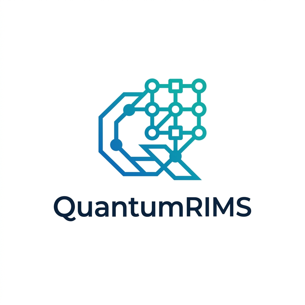 AI Design for A professional, minimalist logo design for a research information management system, featuring clean geometric shapes that symbolize data connectivity, organization, and analytical precision. The aesthetic should be modern and sophisticated, utilizing a professional color palette of deep navy blue and vibrant teal on a crisp white background, with a focus on vector-style clarity and balanced negative space. named as QuantumRIMS