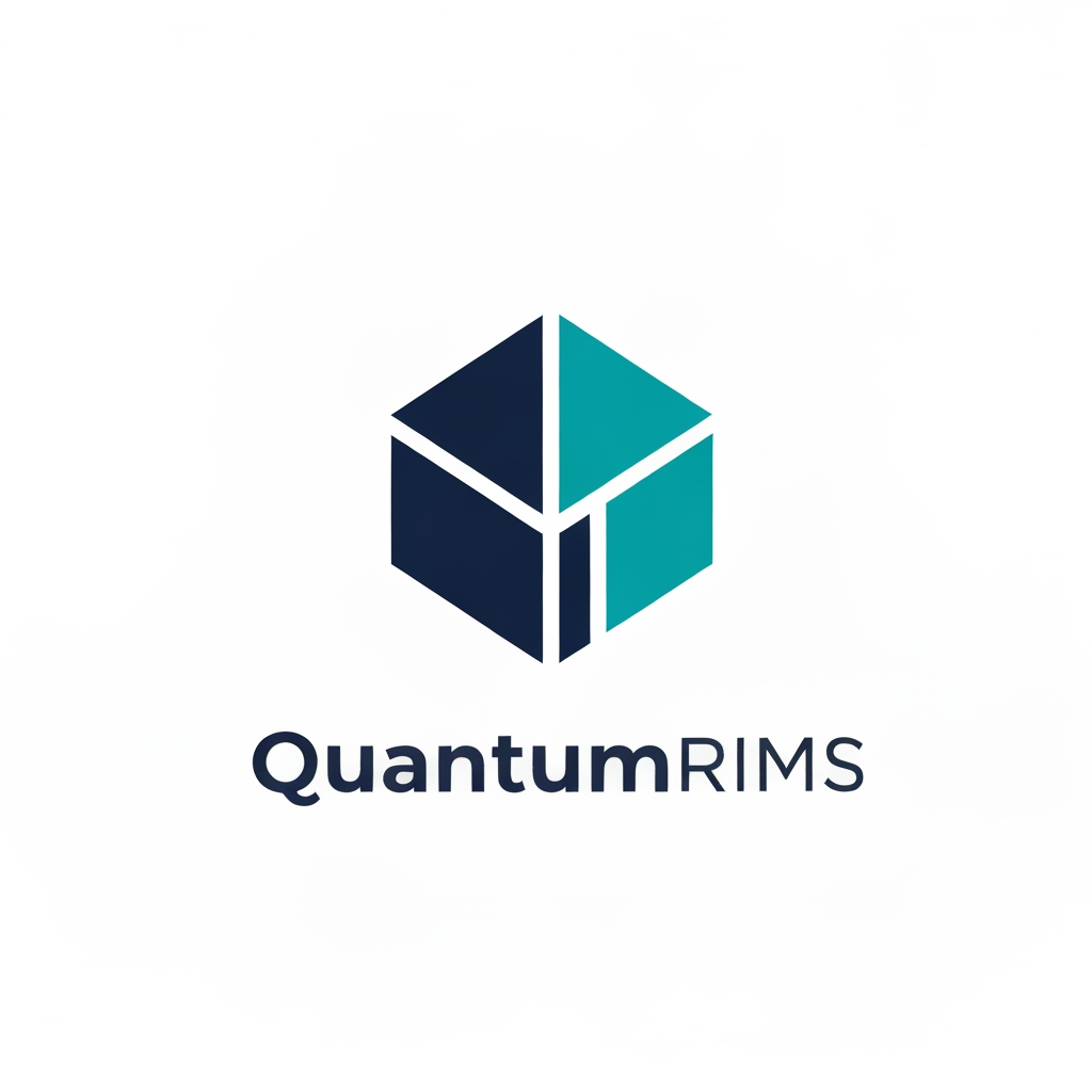 AI Design for A professional, minimalist logo design for a research information management system, featuring clean geometric shapes that symbolize data connectivity, organization, and analytical precision. The aesthetic should be modern and sophisticated, utilizing a professional color palette of deep navy blue and vibrant teal on a crisp white background, with a focus on vector-style clarity and balanced negative space. named as QuantumRIMS