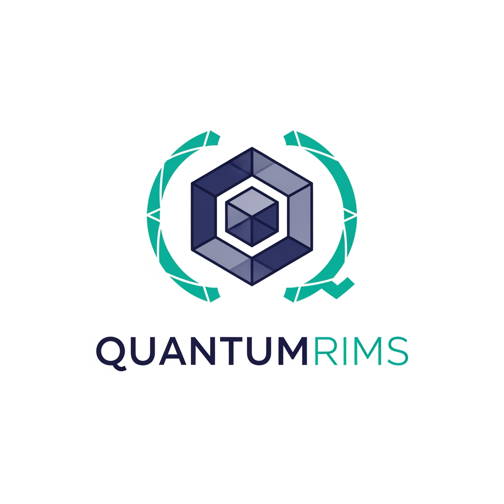 AI Design for A professional, minimalist logo design for a research information management system, featuring clean geometric shapes that symbolize data connectivity, organization, and analytical precision. The aesthetic should be modern and sophisticated, utilizing a professional color palette of deep navy blue and vibrant teal on a crisp white background, with a focus on vector-style clarity and balanced negative space. named as QuantumRIMS