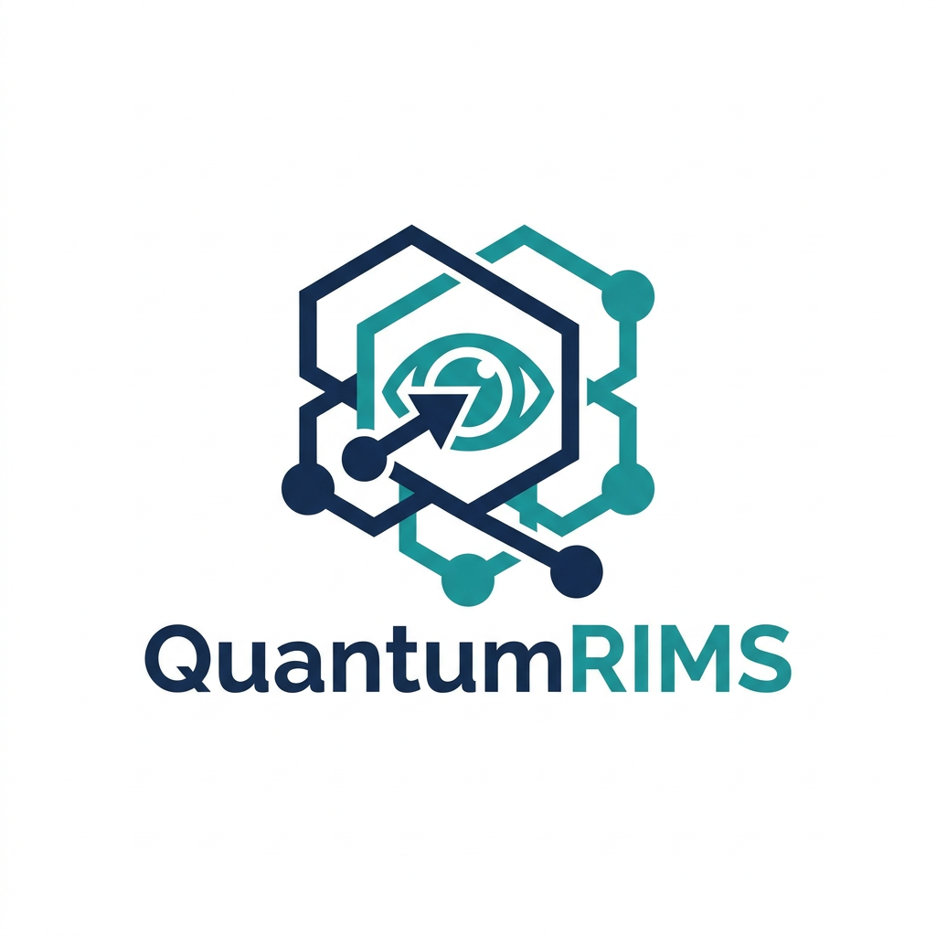 AI Design for A professional, minimalist logo design for a research information management system, featuring clean geometric shapes that symbolize data connectivity, organization, and analytical precision. The aesthetic should be modern and sophisticated, utilizing a professional color palette of deep navy blue and vibrant teal on a crisp white background, with a focus on vector-style clarity and balanced negative space. named as QuantumRIMS