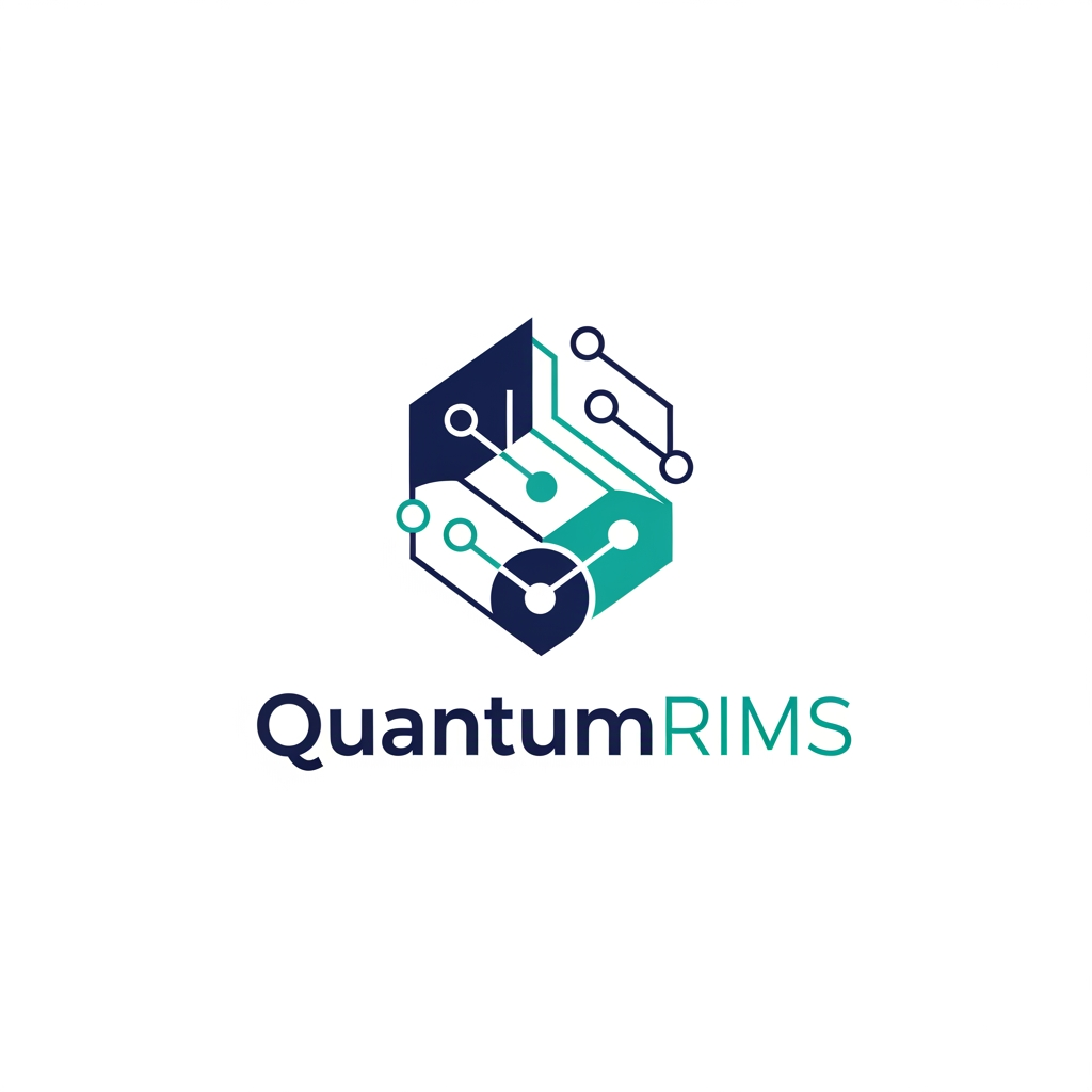 AI Design for A professional, minimalist logo design for a research information management system, featuring clean geometric shapes that symbolize data connectivity, organization, and analytical precision. The aesthetic should be modern and sophisticated, utilizing a professional color palette of deep navy blue and vibrant teal on a crisp white background, with a focus on vector-style clarity and balanced negative space. named as QuantumRIMS