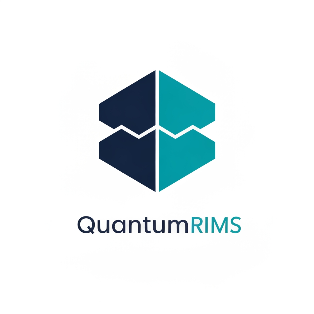 AI Design for A professional, minimalist logo design for a research information management system, featuring clean geometric shapes that symbolize data connectivity, organization, and analytical precision. The aesthetic should be modern and sophisticated, utilizing a professional color palette of deep navy blue and vibrant teal on a crisp white background, with a focus on vector-style clarity and balanced negative space. named as QuantumRIMS