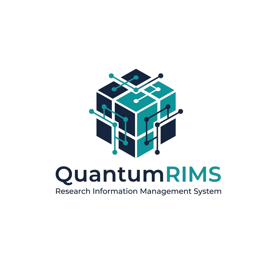 AI Design for A professional, minimalist logo design for a research information management system, featuring clean geometric shapes that symbolize data connectivity, organization, and analytical precision. The aesthetic should be modern and sophisticated, utilizing a professional color palette of deep navy blue and vibrant teal on a crisp white background, with a focus on vector-style clarity and balanced negative space. named as QuantumRIMS