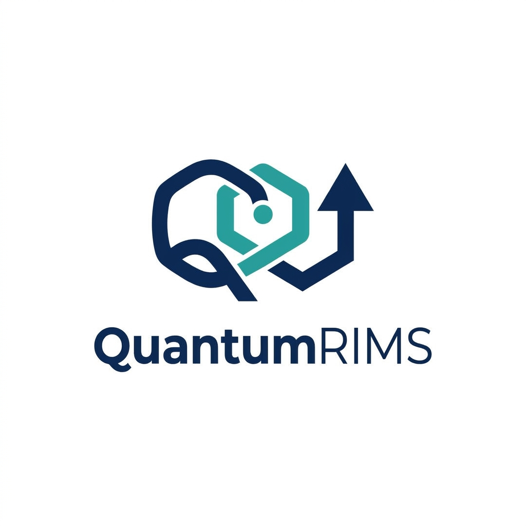AI Design for A professional, minimalist logo design for a research information management system, featuring clean geometric shapes that symbolize data connectivity, organization, and analytical precision. The aesthetic should be modern and sophisticated, utilizing a professional color palette of deep navy blue and vibrant teal on a crisp white background, with a focus on vector-style clarity and balanced negative space. named as QuantumRIMS