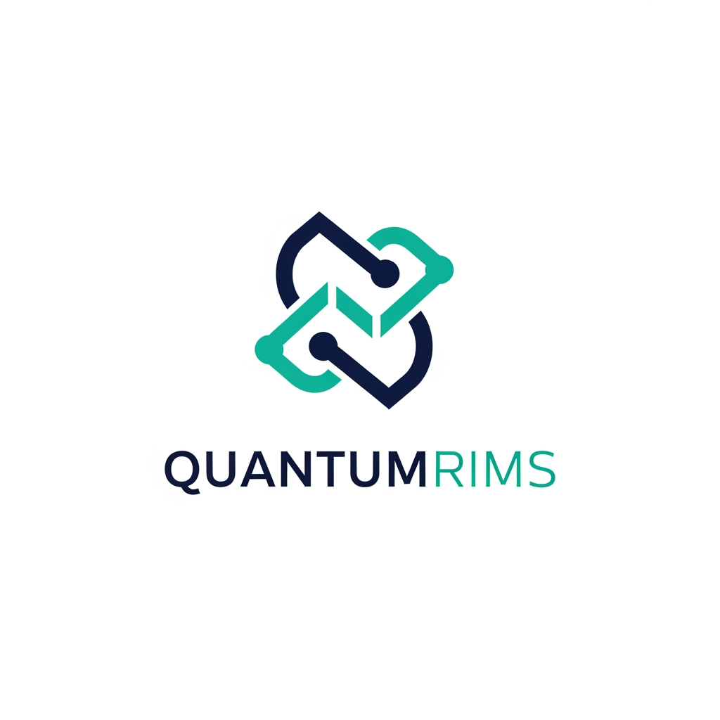 AI Design for A professional, minimalist logo design for a research information management system, featuring clean geometric shapes that symbolize data connectivity, organization, and analytical precision. The aesthetic should be modern and sophisticated, utilizing a professional color palette of deep navy blue and vibrant teal on a crisp white background, with a focus on vector-style clarity and balanced negative space. named as QuantumRIMS
