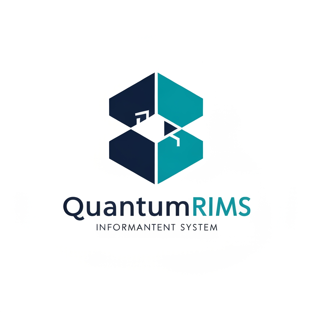 AI Design for A professional, minimalist logo design for a research information management system, featuring clean geometric shapes that symbolize data connectivity, organization, and analytical precision. The aesthetic should be modern and sophisticated, utilizing a professional color palette of deep navy blue and vibrant teal on a crisp white background, with a focus on vector-style clarity and balanced negative space. named as QuantumRIMS