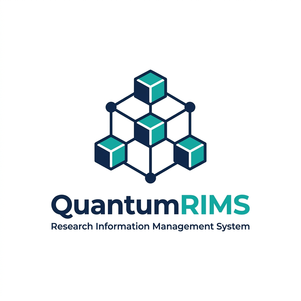 AI Design for A professional, minimalist logo design for a research information management system, featuring clean geometric shapes that symbolize data connectivity, organization, and analytical precision. The aesthetic should be modern and sophisticated, utilizing a professional color palette of deep navy blue and vibrant teal on a crisp white background, with a focus on vector-style clarity and balanced negative space. named as QuantumRIMS