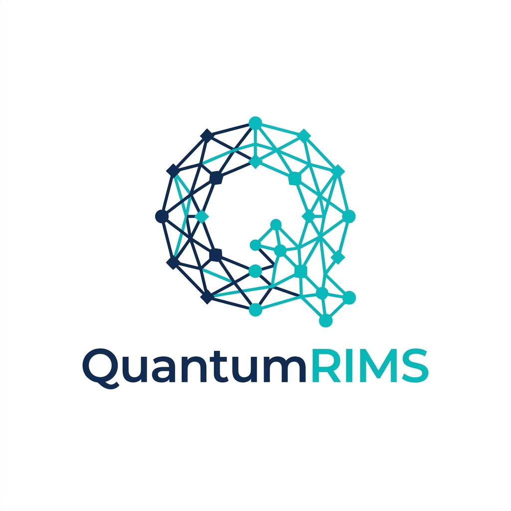AI Design for A professional, minimalist logo design for a research information management system, featuring clean geometric shapes that symbolize data connectivity, organization, and analytical precision. The aesthetic should be modern and sophisticated, utilizing a professional color palette of deep navy blue and vibrant teal on a crisp white background, with a focus on vector-style clarity and balanced negative space. named as QuantumRIMS