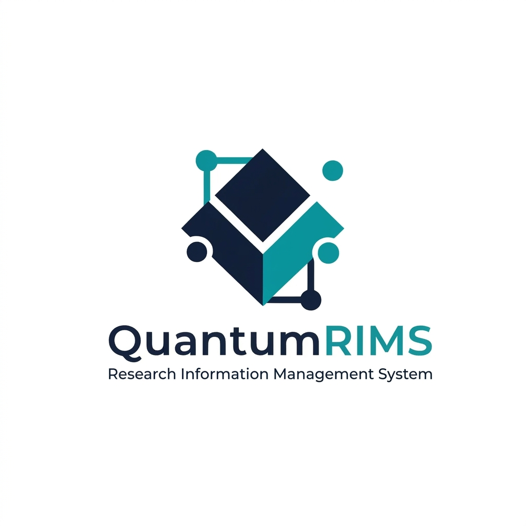 AI Design for A professional, minimalist logo design for a research information management system, featuring clean geometric shapes that symbolize data connectivity, organization, and analytical precision. The aesthetic should be modern and sophisticated, utilizing a professional color palette of deep navy blue and vibrant teal on a crisp white background, with a focus on vector-style clarity and balanced negative space. named as QuantumRIMS
