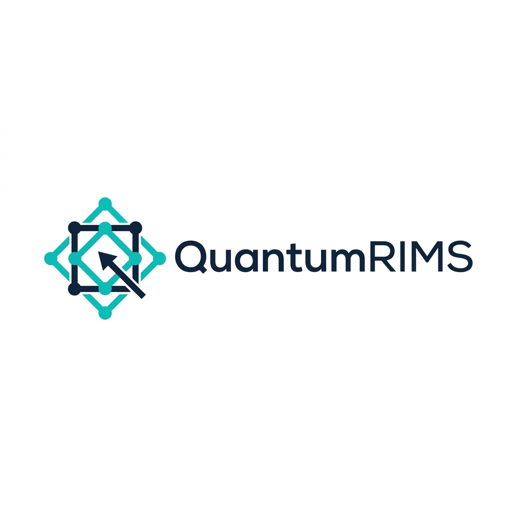 AI Design for A professional, minimalist logo design for a research information management system, featuring clean geometric shapes that symbolize data connectivity, organization, and analytical precision. The aesthetic should be modern and sophisticated, utilizing a professional color palette of deep navy blue and vibrant teal on a crisp white background, with a focus on vector-style clarity and balanced negative space. named as QuantumRIMS