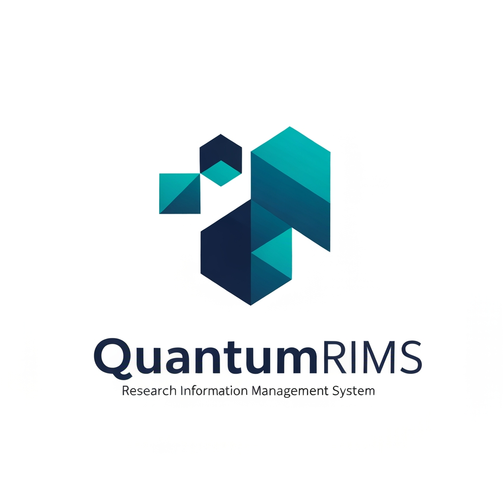 AI Design for A professional, minimalist logo design for a research information management system, featuring clean geometric shapes that symbolize data connectivity, organization, and analytical precision. The aesthetic should be modern and sophisticated, utilizing a professional color palette of deep navy blue and vibrant teal on a crisp white background, with a focus on vector-style clarity and balanced negative space. named as QuantumRIMS